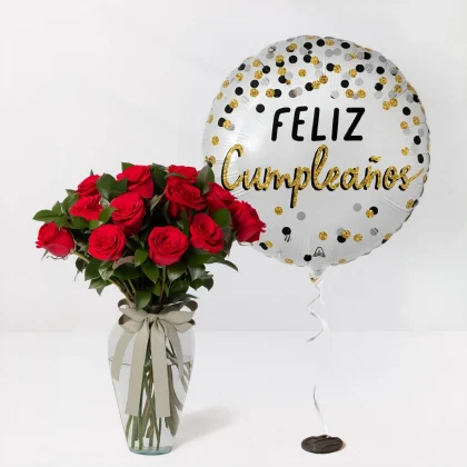 Jarron 12 rosas rojas y Globo cumpleaños al azar